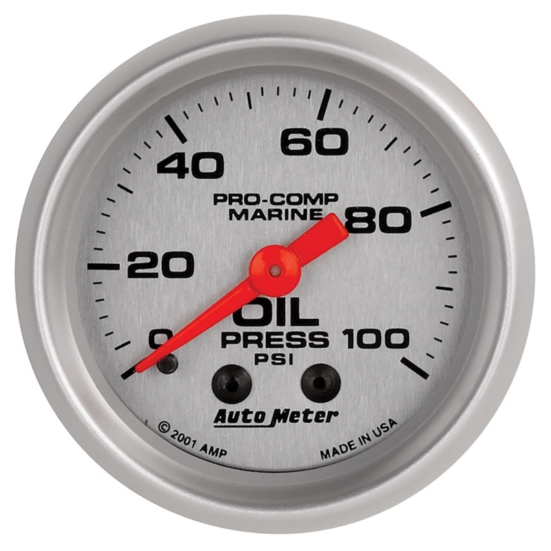 Autometer Marine Silver Oil Pressure 2 1/16in 100 psi Mechanical Gauge