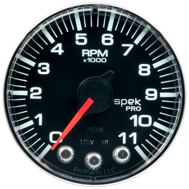 Autometer Spek-Pro Gauge Tach 2 1/16in 11K Rpm W/ Shift Light & Peak Mem Blk/Chrm