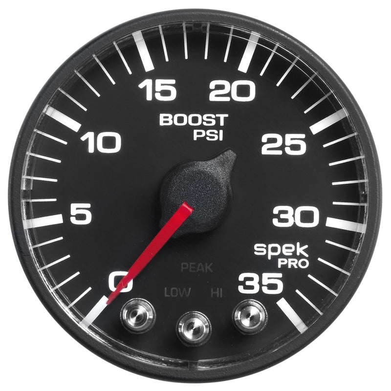 Autometer Spek-Pro Gauge Boost 2 1/16in 35psi Stepper Motor W/Peak & Warn Black/Black