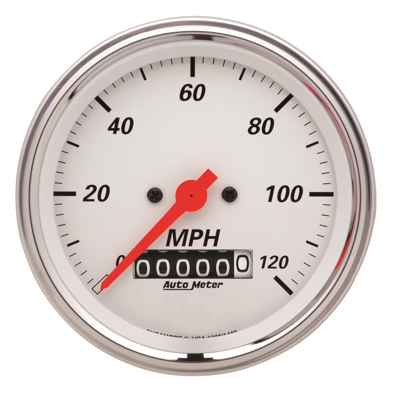 AutoMeter Gauge Speedometer 3-3/8in. 120MPH Elec. Prog. W/ Wheel Odo Arctic White