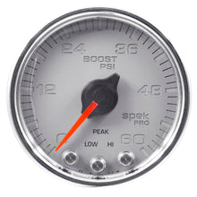 Load image into Gallery viewer, Autometer Spek-Pro Gauge Boost 2 1/16in 60psi Stepper Motor W/Peak &amp; Warn Slvr/Chrm