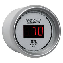 Load image into Gallery viewer, Autometer Ultra-Lite 2-1/16in 100PSI Silver Dial Digital Oil Pressure Gauge w/ Red LED