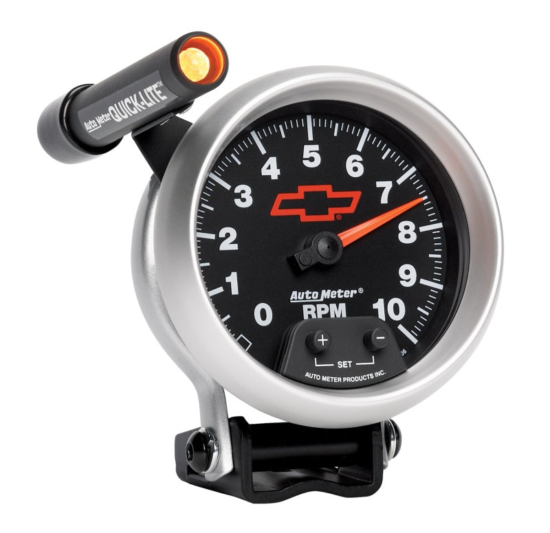 Autometer GM Red Bowtie Black 3-3/4in 0-10000 RPM Pedestal Mount Tachometer Quick-Lite