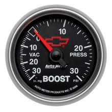 Load image into Gallery viewer, Autometer GM Bowtie 52mm Full Sweep Electronic 30 In Hg-Vac/30 PSI Vacuum/Boost Gauge