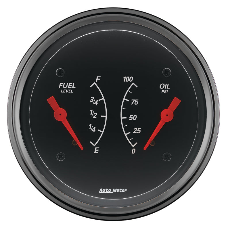 AutoMeter Gauge Dual Fuel & Oilp 3-3/8in. 0 Ohm(e) to 90 Ohm(f)& 100PSI Elec Designer Black