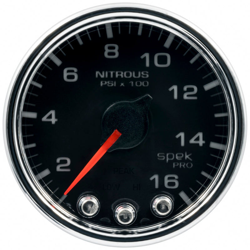 Autometer Spek-Pro Gauge Nitrous Press 2 1/16in 1600psi Stepper Motor W/Peak & Warn Blk/Chrm