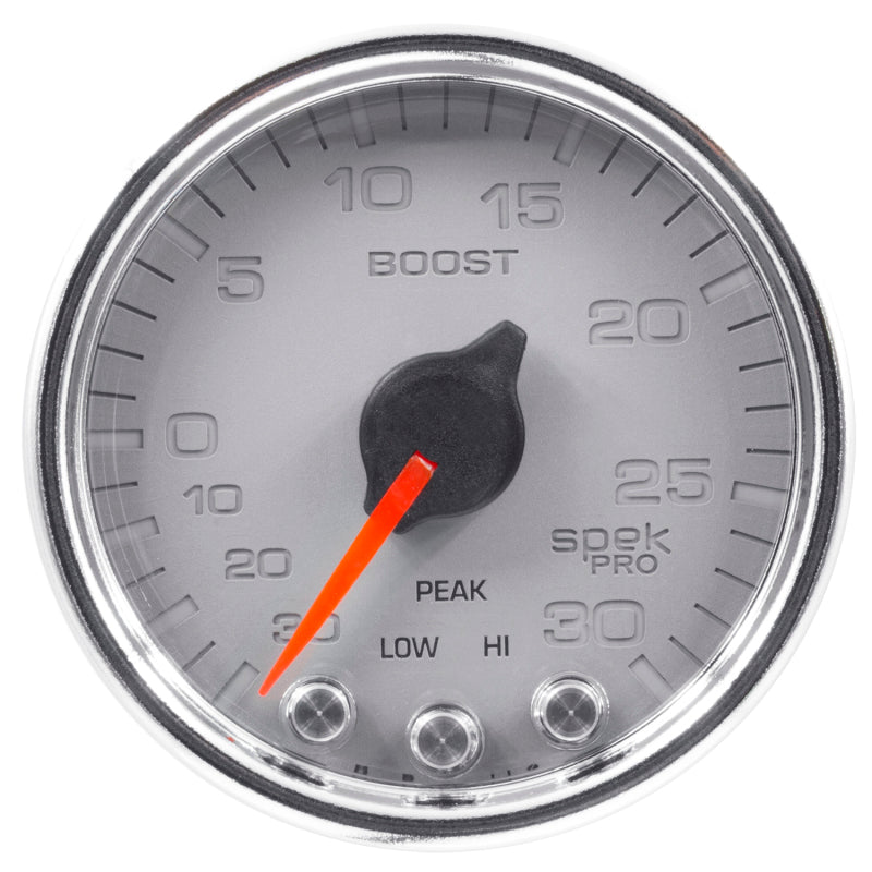 Autometer Spek-Pro Gauge Vac/Boost 2 1/16in 30Inhg-30psi Stepper Motor W/Peak & WarnSilver/Chrome